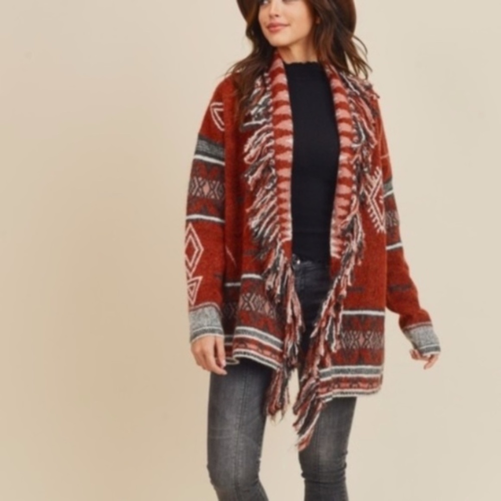 Cozy Cinnamon Red Tribal Print Fringe Open Front Cardigan - Picture 3 of 10